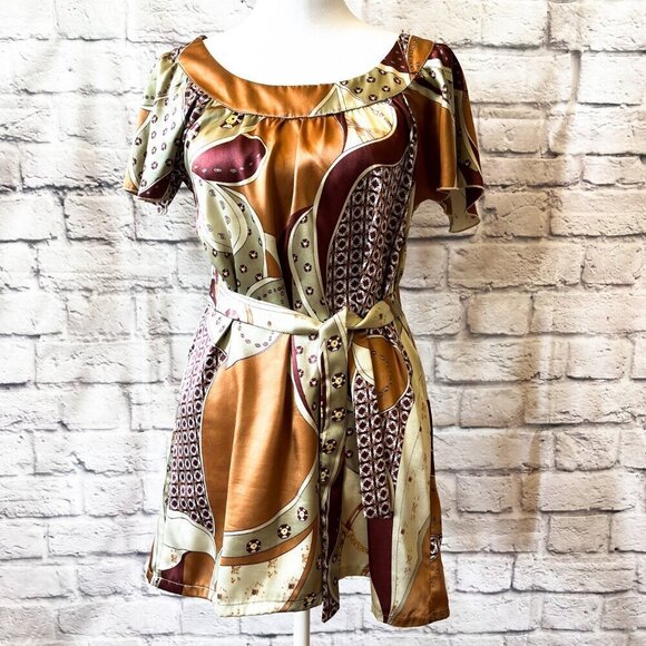 Equestrian Print Scoop Neck Belted Satin Tunic | Women's Size Small - Picture 3 of 11